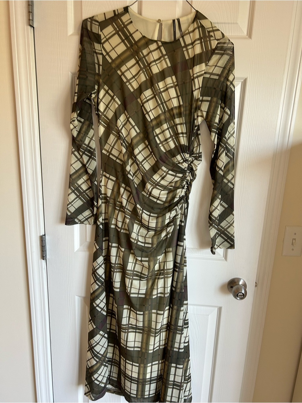 Anthropologie Olive and Cream Plaid Long-Sleeve Ruched Dress